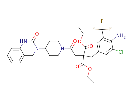 Molecular Structure of 688020-58-8 (Propanedioic acid,
[[4-amino-3-chloro-5-(trifluoromethyl)phenyl]methyl][2-[4-(1,4-dihydro-2-
oxo-3(2H)-quinazolinyl)-1-piperidinyl]-2-oxoethyl]-, diethyl ester)