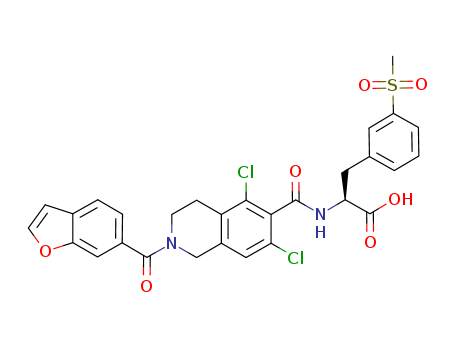 1025967-78-5,lifitegrast,lifitegrast;Lifitegrast, SAR 1118;L-Phenylalanine,N-[[2-(6-benzofuranylcarbonyl)-5,7-dichloro-1,2,3,4-tetrahydro-6-isoquinolinyl]carbonyl]-3-(methylsulfonyl)-;N-[[2-(6-Benzofuranylcarbonyl)-5,7-dichloro-1,2,3,4-tetrahydro-6-isoquinolinyl]carbonyl]-3-(methylsulfonyl)-L-phenylalanine;SAR 1118;(S)-2-(2-(benzofuran-6-carbonyl)-5,7-dichloro-1,2,3,4-tetrahydroisoquinoline-6-carboxamido)-3-(3-(methylsulfonyl)phenyl)propanoic acid;(S)-2-(2-(benzofuran-6-carbonyl)-5,7-dichloro-1,2,3,4-tetrahydroisoquinoline-6-carboxamido)-3-(3-(methylsulfonyl)phenyl)propanoic
