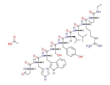 74381-53-6,Leuprorelin acetate,(D-Leu(sup 6),des-gly-NH2(sup 10),pro-ethylamide(sup 9))-LHRH;Lupron;Leuprolide acetate (USAN);Abbott 43818;Lupron Depot;TAP-144-SR;Leuprorelin acetate (JAN);Lupron PED;Leuprin;acetic acid; N-[(1S)-1-[[(1S)-1-[[1-[[(1S)-1-[[(1R)-1-[[(1S)-1-[[(2S)-5-(diaminomethylideneamino)-1-[(2S)-2-(ethylcarbamoyl)pyrrolidin-1-yl]-1-oxo-pentan-2-yl]carbamoyl]-2-methyl-propyl]carbamoyl]-2-methyl-propyl]carbamoyl]-2-(4-hydroxyphenyl)ethyl]carbamoyl]-2-hydroxy-ethyl]carbamoyl]-2-(1H-indol-3-yl)ethyl]carbamoyl]-2-(3H-imidazol-4-yl)ethyl]-5-oxo-pyrrolidine-2-carboxamide;Procrin;A-43818;Leuproreline [INN-French];Eligard;Leuplin depot;TAP 144;Leuprorelinum [INN-Latin];Depo-Lupron;Viadur;Lucrin;TAP-144;Uno-Enantone;Procren Depot;Leuprorelina [INN-Spanish];Leuprolide acetate [USAN];(D-Leu(sup 6),des-gly-NH2(sup 10),pro-ethylamide(sup 9))-gonadotropin-releasing hormone;