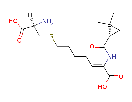 82009-34-5,Cilastatin,Cilastatina;Cilastatine;Cilastatinum;MK-791;UNII-141A6AMN38;2-Heptenoic acid, 7-((2-amino-2-carboxyethyl)thio)-2-(((2,2-dimethylcyclopropyl)carbonyl)amino)-, (R-(R*,S*-(Z)))-;(Z)-7-[(2R)-2-amino-2-carboxyethyl]sulfanyl-2-[[(1S)-2,2-dimethylcyclopropanecarbonyl]amino]hept-2-enoic acid;
