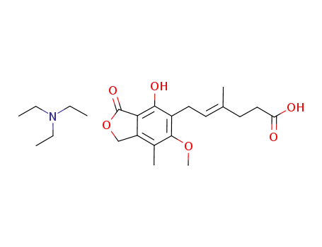 Molecular Structure of 66341-85-3 (4-Hexenoic acid,
6-(1,3-dihydro-4-hydroxy-6-methoxy-7-methyl-3-oxo-5-isobenzofuranyl)-
4-methyl-, (E)-, compd. with N,N-diethylethanamine (1:1))