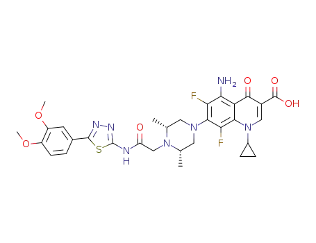 [5-amino-1-cyclopropyl-7-[(3R,5S)3,5-dimethylpiperazin-1-yl]-6,8-difluoro-4-oxo-quinoline-3-carboxylic acid]-5-(3,4-dimethoxyphenyl)thiadiazole