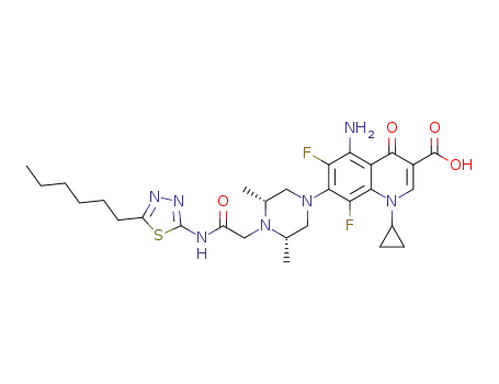 [5-amino-1-cyclopropyl-7-[(3R,5S)3,5-dimethylpiperazin-1-yl]-6,8-difluoro-4-oxo-quinoline-3-carboxylic acid]-5-hexylthiadiazole