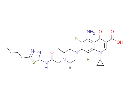 [5-amino-1-cyclopropyl-7-[(3R,5S)3,5-dimethylpiperazin-1-yl]-6,8-difluoro-4-oxo-quinoline-3-carboxylic acid]-5-butyl thiadiazole
