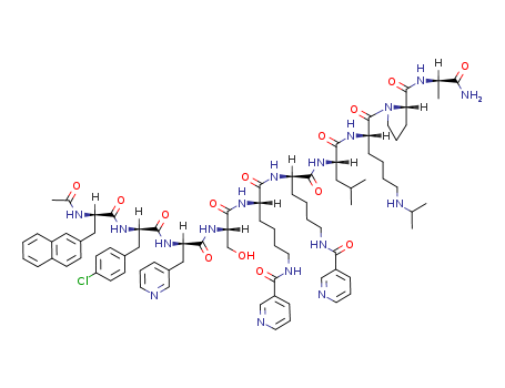 112568-12-4,Antide,(N-Acetyl-3-(naphhalen-2-yl)-D-alanyl)-p-chloro-D-phenylalanyl-3-(3-pyridyl)-D-alanyl-L-seryl-N(sup 6)-nicotinyl-L-lysyl-N(sup 6)-nicotinyl-D-lysyl-L-leucyl-N(sup6)-isopropyl-L-lysyl-L-prolyl-D-alaninamide;BRN 4866881;ORF 23541;D 21074;Iturelix;ORF 23541;Orf-32541;