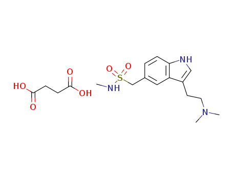103628-48-4,Sumatriptan succinate,Sumatriptan Alginate;1-[3-(2-Dimethylaminoethyl)-1H-indol-5-yl]-N-methyl-methanesulfonamide succinate;3-(2-(Dimethylamino)ethyl)-N-methylindole-5-methanesulfonamide succinate (1:1);Antibet;Arcoiran;Diletan;GR 43175C;Imigran;