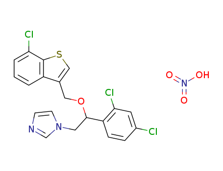 99592-39-9,Sertaconazole nitrate,Sertaconazol [Spanish];Nitrate sertaconazole;1H-Imidazole, 1-(2-((7-chlorobenzo(b)thien-3-yl)methoxy)-2-(2,4-dichlorophenyl)ethyl)-, mononitrate;Ertaczo;1-[2-[(7-chlorobenzothiophen-3-yl)methoxy]-2-(2,4-dichlorophenyl)ethyl]imidazole;1H-Imidazole,1-[2-[(7-chlorobenzo[b]thien-3- yl)methoxy]-2-(2,4-dichlorophenyl)ethyl]-,mononitrate;FI 7056;7-Chloro-3-(1-(2,4-dichlorophenyl)-2-(1H-imidazol-1-yl)ethoxy-methyl)benzo(b)thiophene;Zalain;FI-7045;Dermofix;Sertaconazolum [Latin];1H-Imidazole, 1-(2-((7-chlorobenzo(b)thien-3-yl)methoxy)-2-(2,4-dichlorophenyl)ethyl)-;