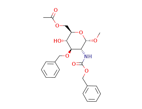Molecular Structure of 114869-95-3 (a-D-Glucopyranoside, methyl 2-deoxy-2-[[(phenylmethoxy)carbonyl]amino]-3-O-(phenylmethyl)-, 6-acetate)
