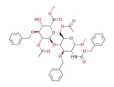 Molecular Structure of 114869-97-5 (a-D-Glucopyranoside, methyl4-O-[2-O-acetyl-6-methyl-3-O-(phenylmethyl)-a-L-idopyranuronosyl]-2-deoxy-2-[[(phenylmethoxy)carbonyl]amino]-3-O-(phenylmethyl)-,6-acetate)