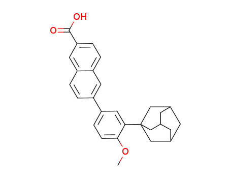 106685-40-9,Adapalene,2-Naphthalenecarboxylic acid, 6-(4-methoxy-3-tricyclo(3.3.1.1(sup 3,7))dec-1-ylphenyl)-;Adapalene (JAN/USAN);Differin (TN);CD 271;6-(3-(1-Adamantyl)-4-methoxyphenyl)-2-naphthoic acid;6-[3-(1-adamantyl)-4-methoxy-phenyl]naphthalene-2-carboxylic acid;Adapalene [USAN:BAN:INN];Differin;Adapalenum [INN-Latin];Dermatological, a Topical Treatment for Acne;Adapalene(106685-40-9);Adapaleno [INN-Spanish];2-Naphthalenecarboxylic acid,6-(4-methoxy-3-tricyclo[3.3.1.13,7]dec- 1-ylphenyl)-;