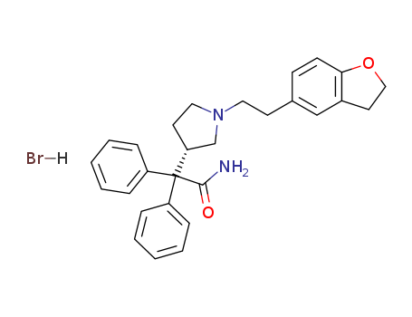 133099-07-7,Darifenacin hydrobromide,2-[(3S)-1-[2-(2,3-dihydrobenzofuran-5-yl)ethyl]pyrrolidin-3-yl]-2,2-diphenyl-acetamide hydrobromide;Enablex (TN);3-Pyrrolidineacetamide, 1-(2-(2,3-dihydro-5-benzofuranyl)ethyl)-alpha,alpha-diphenyl-, monohydrobromide, (S)-;Enablex;Darifenacin HBr;