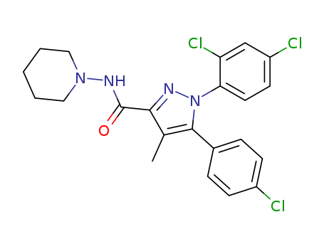 168273-06-1,Rimonabant,1-(2,4-Dichlorophenyl)-5-(4-chlorophenyl)-4-methyl-N-(piperidin-1-yl)-1H-pyrazole-3-carboxamide;5-(4-Chlorophenyl)-1-(2,4-dichlorophenyl)-4-methyl-1H-pyrazole-3-carboxylicacid N-(piperidin-1-yl)amide;A 281;Acomplia;N-Piperidino-5-(4-chlorophenyl)-1-(2,4-dichlorophenyl)-4-methylpyrazole-3-carboxamide;SR 141716;