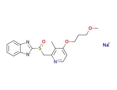 117976-90-6,Rebeprazole sodium,2-[[[4-(3-Methoxypropoxy)-3-methylpyridin-2-yl]methyl]sulfinyl]-1H-benzimidazolesodium salt;Aciphex;E 3810;LY 307640 sodium;Pariet;Pariprazole;Pepcia;Rabicip;1H-Benzimidazole,2-[[[4-(3-methoxypropoxy)-3-methyl-2-pyridinyl]methyl]sulfinyl]-, sodium salt(1:1);