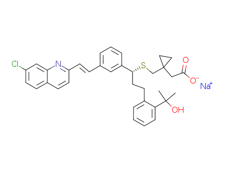 151767-02-1,Montelukast sodium,Cyclopropaneacetic acid,1-[[[(1R)-1-[3-[(1E)-2-(7-chloro-2- quinolinyl)ethenyl]phenyl]-3-[2-(1-hydroxy- 1-methylethyl)phenyl]propyl]thio]methyl]-,monosodium salt;Singulair (TN);Singulair;sodium 2-[1-[[(1R)-1-[3-[2-(7-chloroquinolin-2-yl)ethenyl]phenyl]-3-[2-(2-hydroxypropan-2-yl)phenyl]propyl]sulfanylmethyl]cyclopropyl]acetate;MK 476;