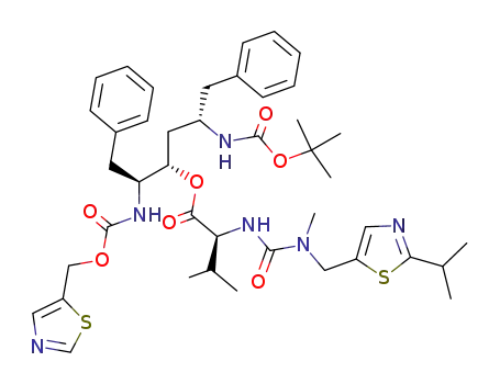 Molecular Structure of 566939-06-8 (7-Oxa-2,4,11-triazadodecan-12-oic acid,
2-methyl-5-(1-methylethyl)-1-[2-(1-methylethyl)-5-thiazolyl]-3,6-dioxo-10-
(phenylmethyl)-8-[(1S)-2-phenyl-1-[[(5-thiazolylmethoxy)carbonyl]amino]
ethyl]-, 1,1-dimethylethyl ester, (5S,8S,10S)-)