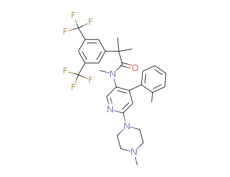 Molecular Structure of 290297-26-6 (2-[3,5-bis(trifluoromethyl)phenyl]-N,2-dimethyl-N-[4-(2-methylphenyl)-6-(4-methylpiperazin-1-yl)pyridin-3-yl]propanamide)