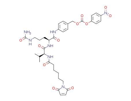 159857-81-5,L-Ornithinamide, N-[6-(2,5-dihydro-2,5-dioxo-1H-pyrrol-1-yl)-1-oxohexyl]-L-valyl-N5-(aminocarbonyl)-N-[4-[[[(4-nitrophenoxy)carbonyl]oxy]methyl]phenyl]-,maleimidocaproyl-val-Cit-PAB-OCOpNP;N-[6-(2,5-dioxo-2,5-dihydro-1H-pyrrol-1-yl)hexanoyl]-L-valyl-N5-carbamoyl-N[4-({[(4-nitrophenoxy)carbonyl]oxy}methyl)phenyl]-L-ornithinamide;N-[6-(2,5-dioxo-2,5-dihydro-1H-pyrrol-1-yl)hexanoyl]-L-valyl-N-carbamoyl-N-[4-({[(4-nitrophenoxy)carbonyl]oxy}methyl)phenyl]-L-ornithinamide;4-((S)-2-((S)-2-(6-(2,5-dioxo-2,5-dihydro-1H-pyrrol-1-yl)hexanamido)-3-methylbutanamido)-5-ureidopentanamido)benzyl (4-nitrophenyl)carbonate;N-[6-(2,5-dioxo-2,5-dihydro-1H-pyrrol-1-yl)hexanoyl]-L-valyl-N5-carbamoyl-N-[4-({[(4-nitrophenoxy)carbonyl]oxy}methyl)phenyl]-L-ornithinamide;maleimido-caproyl-valine-citrulline-para-aminobenzyl-4-nitrophenylcarbonate;MC-VAL-CIT-PAB-PNB;Mc-Val-Cit-PABC-PNP;
