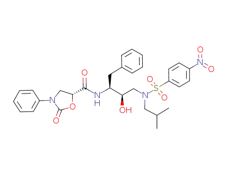 Molecular Structure of 919081-52-0 (5-Oxazolidinecarboxamide,
N-[(1S,2R)-2-hydroxy-3-[(2-methylpropyl)[(4-nitrophenyl)sulfonyl]amino]-
1-(phenylmethyl)propyl]-2-oxo-3-phenyl-, (5R)-)