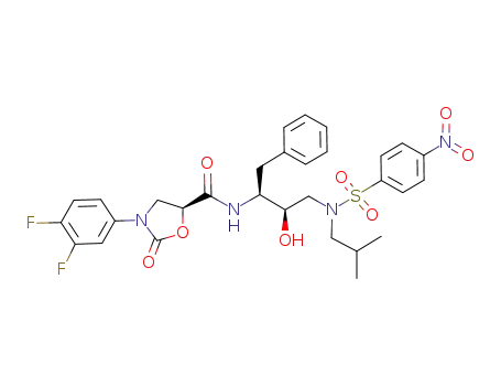 Molecular Structure of 919081-35-9 (5-Oxazolidinecarboxamide,
3-(3,4-difluorophenyl)-N-[(1S,2R)-2-hydroxy-3-[(2-methylpropyl)[(4-nitro
phenyl)sulfonyl]amino]-1-(phenylmethyl)propyl]-2-oxo-, (5S)-)