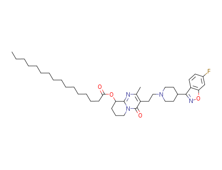 199739-10-1,Paliperidone Palmitate [USAN],Hexadecanoic acid, 3-(2-(4-(6-fluoro-1,2-benzisoxazol-3-yl)-1-piperidinyl)ethyl)-6,7,8,9-tetrahydro-2-methyl-4-oxo-4H-pyrido(1,2-a)pyrimidin-9-yl ester;Ro 92670;RO92670;Paliperidone Palmitate;(9RS)-3-(2-(4-(6-Fluoro-1,2-benzisoxazol-3-yl)piperidin-1-yl)ethyl)-2-methyl-4-oxo-6,7,8,9-tetrahydro-4H-pyrido(1,2-a)pyrimidin-9-yl hexadecanoate;