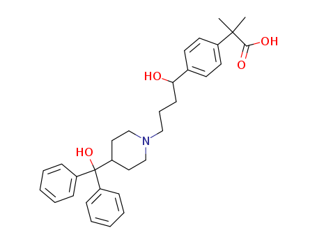 83799-24-0,Fexofenadine,4-[4-[4-(Hydroxydiphenylmethyl)-1-piperidinyl]-1-hydroxybutyl]-a,a-dimethylphenylacetic acid;Carboxyterfenadine;MDL 16455;Terfenadine acid metabolite;Terfenadine carboxylate;Benzeneacetic acid,4-[1-hydroxy-4-[4-(hydroxydiphenylmethyl)-1-piperidinyl]butyl]-a,a-dimethyl-;