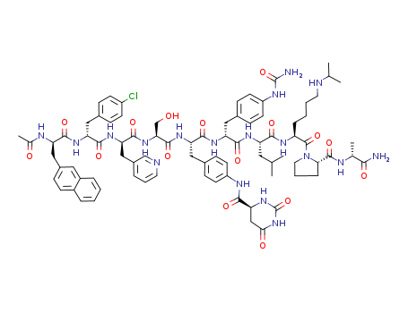 214766-78-6,DEGARELIX,Acetyl-2-naphthylalanyl-3-chlorophenylalanyl-1-oxohexadecyl-seryl-4-aminophenylalanyl(hydroorotyl)-4-aminophenylalanyl(carbamoyl)-leucyl-ILys-prolyl-alaninamide;Degarelix;Firmagon;D-Alaninamide, N-acetyl-3-(2-naphthalenyl)-D-alanyl-4-chloro-D-phenylalanyl-3-(3-pyridinyl)-D-alanyl-L-seryl-4-[[[(4S)-hexahydro-2,6-dioxo-4-pyrimidinyl]carbonyl]amino]-L-phenylalanyl-4-[(aminocarbonyl)amino]-D-phenylalanyl-L-leucyl-N6-(1-methylethyl)-L-lysyl-L-prolyl-;