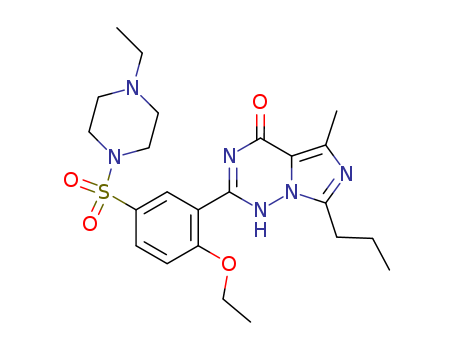 224785-90-4,Vardenafil hydrochloride trihydrate,Piperazine,1-[[3-(1,4-dihydro-5-methyl-4-oxo-7-propylimidazo[5,1-f][1,2,4]triazin-2-yl)-4-ethoxyphenyl]sulfonyl]-4-ethyl-(9CI);2-[2-Ethoxy-5-(4-ethylpiperazin-1-yl-1-sulfonyl)phenyl]-5-methyl-7-propyl-3H-imidazo[5,1-f][1,2,4]triazin-4-one;Nuviva;BAY 38-9456;1-((3-(3,4-Dihydro-5-methyl-4-oxo-7-propylimidazo(5,1-f)-as-triazin-2-yl)-4-ethoxyphenyl)sulfonyl)-4-ethylpiperazine;Vivanza;