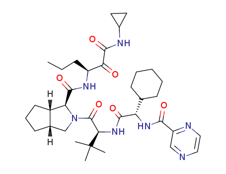 402957-28-2,Cyclopenta(c)pyrrole-1-carboxamide, (2S)-2-cyclohexyl-N-(pyrazinylcarbonyl)glycyl-3-methyl-L-valyl-N-((1S)-1-((cyclopropylamino)oxoacetyl)butyl)octahydro-, (1S,3aR,6aS)-,Cyclopenta[c]pyrrole-1-carboxamide,(2S)-2-cyclohexyl-N-(pyrazinylcarbonyl)glycyl-3-methyl-L-valyl-N-[(1S)-1-[(cyclopropylamino)oxoacetyl]butyl]octahydro-,(1S,3aR,6aS)- (9CI);LY 570310;MP 424;VRT 111950;VX 950;