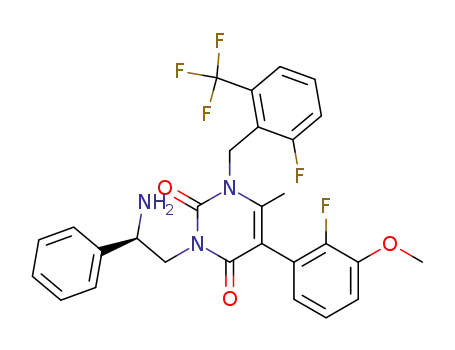 Molecular Structure of 830346-50-4 (3-[(2R)-2-Amino-2-phenylethyl]-5-(2-fluoro-3-methoxyphenyl)-1-[[2-fluoro-6-(trifluoromethyl)phenyl]methyl]-6-methyl-2,4(1H,3H)-pyrimidinedione)