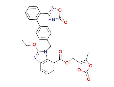 863031-21-4,1-[[2'-(2,5-Dihydro-5-oxo-1,2,4-oxadiazol-3-yl)[1,1'-biphenyl]-4-yl]methyl]-2-ethoxy-1H-benzimidazole-7-carboxylic acid (5-methyl-2-oxo-1,3-dioxol-4-yl)methyl ester,(5-methyl-2-oxo-1,3-dioxol-4-yl)methyl ester of 1-[[2'-(2,5-dihydro-5-oxo-1,2,4-oxadiazol-3-yl)[1,1'-biphenyl]-4-yl]methyl]-2-ethoxy-1H-benzimidazole-7-carboxylic acid;Azilsartan (medoxomil);Azilsartan Medoxomil;Azilsartan kamedoxomil;(5-methyl-2-oxo-1,3-dioxol-4-yl)methyl 2-ethoxy-3-[[4-[2-(5-oxo-2H-1,2,4-oxadiazol-3-yl)phenyl]phenyl]methyl]benzimidazole-4-carboxylate;TAK 491;Azilsartan;[14C]-Azilsartan medoxomil;(5-methyl-2-oxo-1,3-dioxol-4-yl)methyl 2-ethoxy-1-((2'-(5-oxo-4,5-dihydro-1,2,4-oxadiazol-3-yl)biphenyl-4-yl)methyl)-1H-benzo[d]imidazole-7-carboxylate;UNII-LL0G25K7I2;azilsartanum medoxomilum;Edarbi;