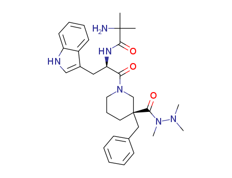 249921-19-5,Anamorelin,3-Piperidinecarboxylicacid, 1-(2-methylalanyl-D-tryptophyl)-3-(phenylmethyl)-, trimethylhydrazide,(3R)- (9CI);(3R)-1-(2-Methylalanyl-D-tryptophyl)-3-(phenylmethyl)-3-piperidinecarboxylic acid 1,2,2-trimethylhydrazide;RC 1291;3-Piperidinecarboxylicacid,1-[(2R)-2-[(2-amino-2-methyl-1-oxopropyl)amino]-3-(1H-indol-3-yl)-1-oxopropyl]-3-(phenylmethyl)-,1,2,2-trimethylhydrazide, (3R)-;