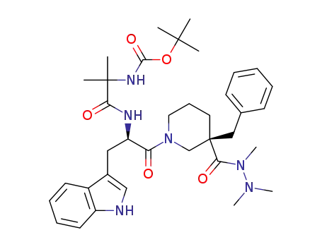 Molecular Structure of 339539-90-1 (3-Piperidinecarboxylic acid,
1-[N-[(1,1-dimethylethoxy)carbonyl]-2-methylalanyl-D-tryptophyl]-3-(phen
ylmethyl)-, trimethylhydrazide, (3R)-)