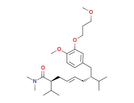 Molecular Structure of 325154-26-5 (4-Nonenamide,
7-[[4-methoxy-3-(3-methoxypropoxy)phenyl]methyl]-N,N,8-trimethyl-2-(1-
methylethyl)-, (2S,4E,7R)-)