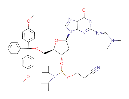 Molecular Structure of 330628-04-1 (N4-(DIMETHYLAMINO)METHYLENE)-5'-O-(DIMETHOXYTRITYL)-2'-DEOXYGUANOSINE-3'-N,N-DIISOPROPYL (CYANOETHYL) PHOSPHORAMIDITE)
