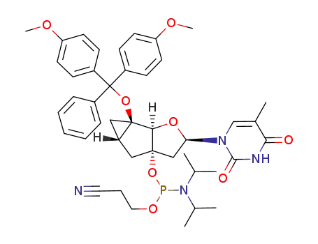 Diisopropyl-phosphoramidous acid (1aR,1bR,3R,4aS,5aS)-1a-[bis-(4-methoxy-phenyl)-phenyl-methoxy]-3-(5-methyl-2,4-dioxo-3,4-dihydro-2H-pyrimidin-1-yl)-hexahydro-2-oxa-cyclopropa[a]pentalen-4a-yl ester 2-cyano-ethyl ester