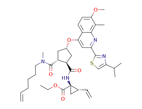 Molecular Structure of 923604-56-2 ((1R,2S)-2-Ethenyl-1-[[[(1R,2R,4R)-2-[(5-hexen-1-ylmethylamino)carbonyl]-4-[[7-methoxy-8-methyl-2-[4-Isopropyl-thiazol-2-yl]-quinolin-4-yl]oxy]cyclopentyl]carbonyl]amino]cyclopropane-carboxylic acid ethyl este)