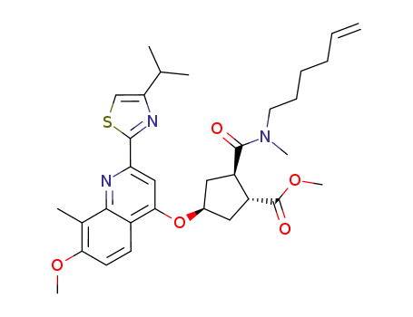 Molecular Structure of 1042695-87-3 ((1R,2R,4S)-2-[(5-hexen-1-ylmethylamino)carbonyl]-4-[[7-methoxy-8- methyl- 2-[4-(1-isopropyl)-2-thiazolyl]-4-quinolinyl]oxy]- Cyclopentanecarboxylic acid methyl ester)