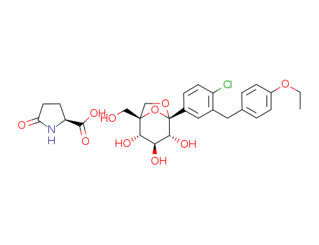 1210344-83-4,Ertugliflozin,ertugliflozin-L-pyroglutamic acid;(1S,2S,3S,4R,55)-5-(4-chloro-3-(4-ethoxybenzyl)phenyl)-1-hydroxymethyl-6,8-dioxabicyclo[3.2.1]octane-2,3,4-triol pyroglutamic acid;cocrystal of (1S,2S,3S,4R,5S)-5-[4-chloro-3-(4-ethoxybenzyl)phenyl]-1-hydroxymethyl-6,8-dioxabicyclo[3.2.1]octane-2,3,4-triol and L-pyroglutamic acid;
