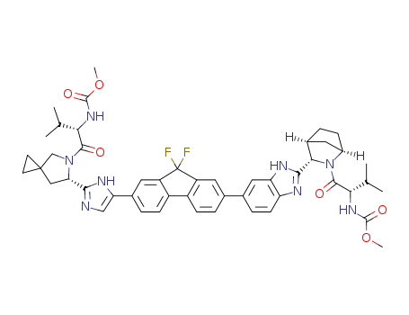 1256388-51-8,Ledipasvir,Methyl[(2S)-1-{(6S)-6-[5-(9,9-Difluoro-7-{2-[(1R,3S,4S)-2-{(2S)-2[(methoxycarbonyl)amino]-3-methylbutanoyl}-2-azabicyclo[2.2.1]-hept-3-yl]-1H-benzimidazol-6-yl}-9H-fluoren-2-yl)-1H-imidazol-2-yl]-5-azaspiro[2.4]hept-5-yl}-3-methyl-1-oxobutan-2-yl]carba-mate