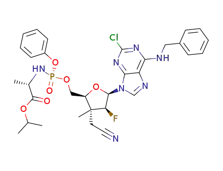 (+)-isopropyl ((S)-(((2S,3R,4S,5R)-5-(6-(benzylamino)-2-chloro-9H-purin-9-yl)-3-(cyanomethyl)-4-fluoro-3-methyltetrahydrofuran-2-yl)methoxy)(phenoxy)phosphoryl)-L-alaninate