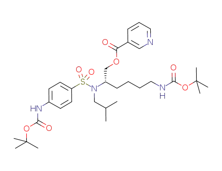 Molecular Structure of 874339-83-0 (3-Pyridinecarboxylic acid,
(2S)-6-[[(1,1-dimethylethoxy)carbonyl]amino]-2-[[[4-[[(1,1-dimethylethoxy
)carbonyl]amino]phenyl]sulfonyl](2-methylpropyl)amino]hexyl ester)