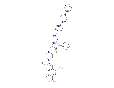 1-cyclopropyl-6-fluoro-4-oxo-7-(4-((4-phenyl-3-(((6-(4-phenylpiperazin-1-yl)pyridin-3-yl)amino)methyl)-5-thioxo-4,5-dihydro-1H-1,2,4-triazol-1-yl)methyl)piperazin-1-yl)-1,4-dihydroquinoline-3-carboxylicacid