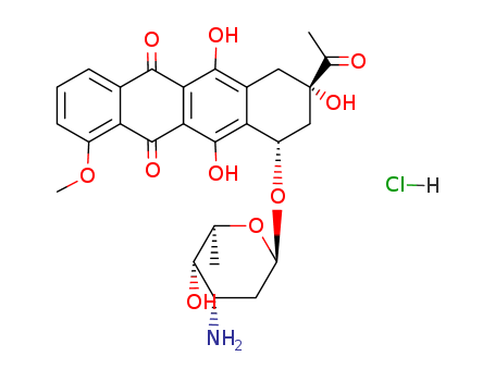 23541-50-6,Daunorubicin hydrochloride,5,12-Naphthacenedione,8-acetyl-10-[(3-amino-2,3,6-trideoxy-a-L-lyxo-hexopyranosyl)oxy]-7,8,9,10-tetrahydro-6,8,11-trihydroxy-1-methoxy-,hydrochloride, (8S,10S)- (9CI);Cerubidine;Daunoblastin;Daunomycin chlorohydrate;NDC0082-4155;Ondena;RP 13057 hydrochloride;Rubidomycin hydrochloride;