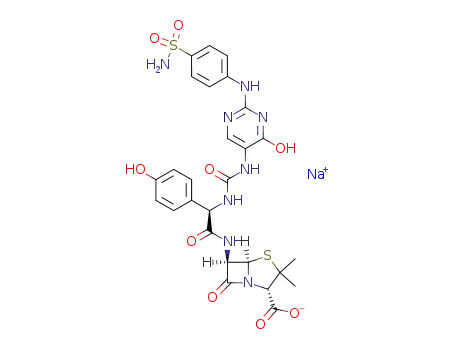 6R-<(R)-2-<3-<2-(p-Aminosulfonyl)anilino-4-hydroxy-5-pyrimidinyl>ureido>-2-(4-hydroxyphenyl)-acetamido>-penicillansaeure, Natriumsalz