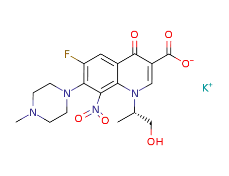 (-) potassium N-(1-hydroxy-propy-2(S)-yl)-6-fluoro-7-(N-methylpiperazinyl)-8-nitro-quinol-4-one-3-carboxylate