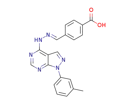 4-((E)-{[1-(3-methylphenyl)-1H-pyrazolo[3,4-d]pyrimidin-4-yl]hydrazono}methyl)benzoic acid