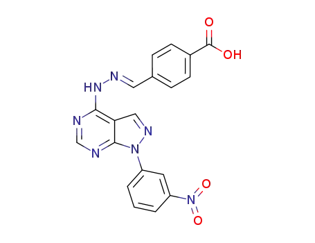 4-((E)-{[1-(3-nitrophenyl)-1H-pyrazolo[3,4-d]pyrimidin-4-yl]hydrazono}methyl)benzoic acid