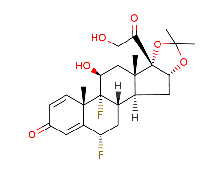 67-73-2,Fluocinolone acetonide,Pregna-1,4-diene-3,20-dione,6a,9-difluoro-11b,16a,17,21-tetrahydroxy-, cyclic 16,17-acetal with acetone(6CI,8CI);16a,17a-Isopropylidene-6a,9a-difluoro-1,4-pregnadiene-11b,16a,17a,21-tetrol-3,20-dione;6a,9-Difluoro-11b,21-dihydroxy-16a,17a-(isopropylidenedioxy)pregna-1,4-diene-3,20-dione;6a,9a-Difluoro-16a,17a-isopropylidenedioxy-D1-hydrocortisone;6a,9a-Difluoro-16a-hydroxyprednisolone16,17-acetonide;6a-Fluorotriamcinolone acetonide;Coriphate;Cortiplastol;Dermalar;Dermatin;Dermatin (steroid);Fluocinolone 16,17-acetonide;Fluovitef;Fluvean;Jellin;Localyn;NSC 92339;Percutina;Sinaflan;Sinalar;Synaflan;Synamol;Synandrone;Synemol;Synsac;Pregna-1,4-diene-3,20-dione,6,9-difluoro-11,21-dihydroxy-16,17-[(1-methylethylidene)bis(oxy)]-, (6a,11b,16a)-;