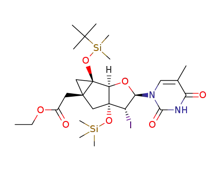 1-[(3'R,5'R,6'S)-3'-O-trimethylsilyl-5'-O-(tert-butyldimethylsilyl)-6'-[(ethoxycarbonyl)methyl]-2'-deoxy-2'-iodo-3',5'-ethano-5',6'-methano-β-D-ribofuranosyl]thymine