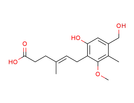 3-(5-Carboxy-3-methyl-pent-2t-enyl)-4-hydroxy-6-hydroxymethyl-2-methoxy-toluol; 6-(6-Hydroxy-4-hydroxymethyl-2-methoxy-3-methyl-phenyl)-4-methyl-hex-4t-ensaeure